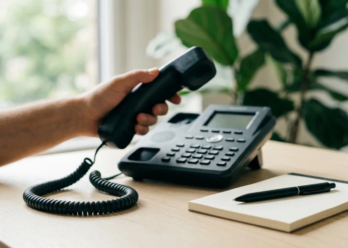 A desk phone handset lifted beside a notepad and pen