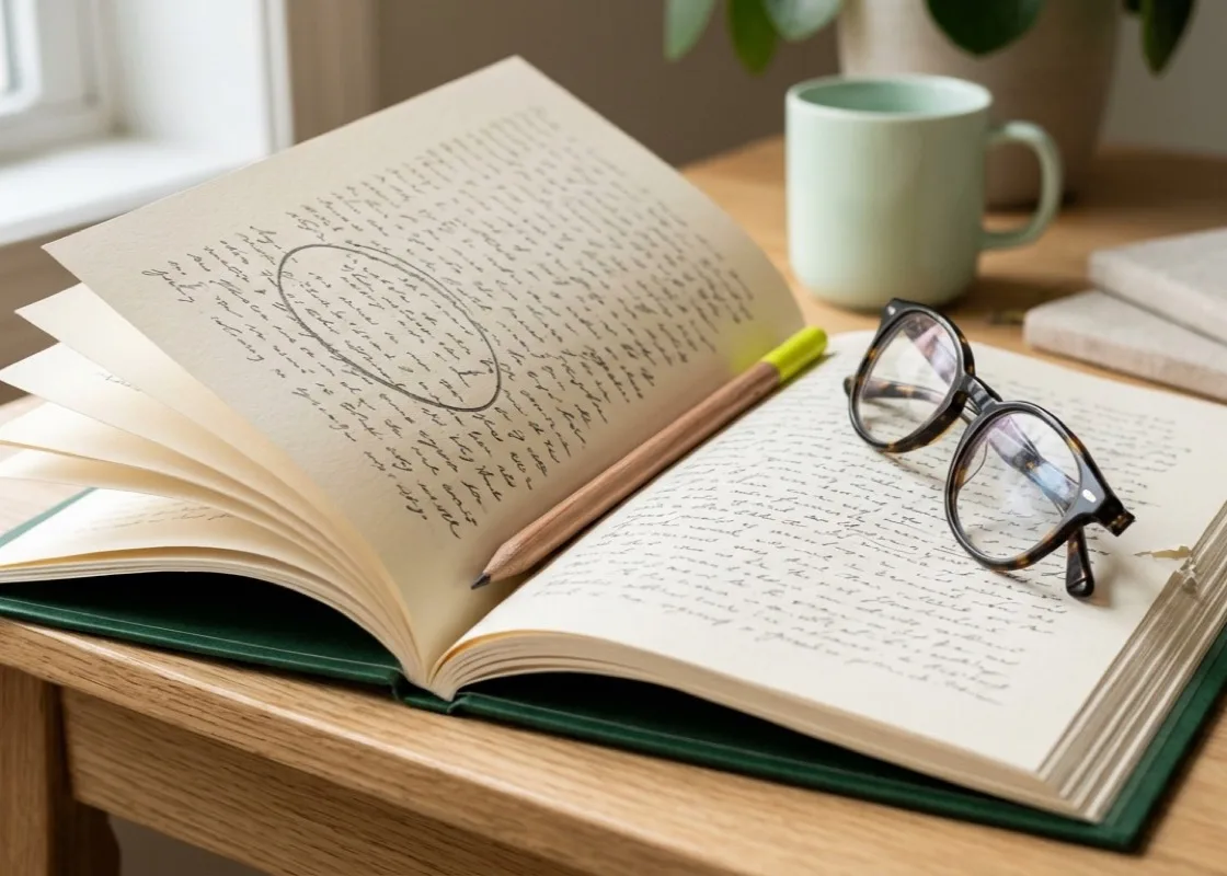 A printed report on a desk with a pencil and reading glasses