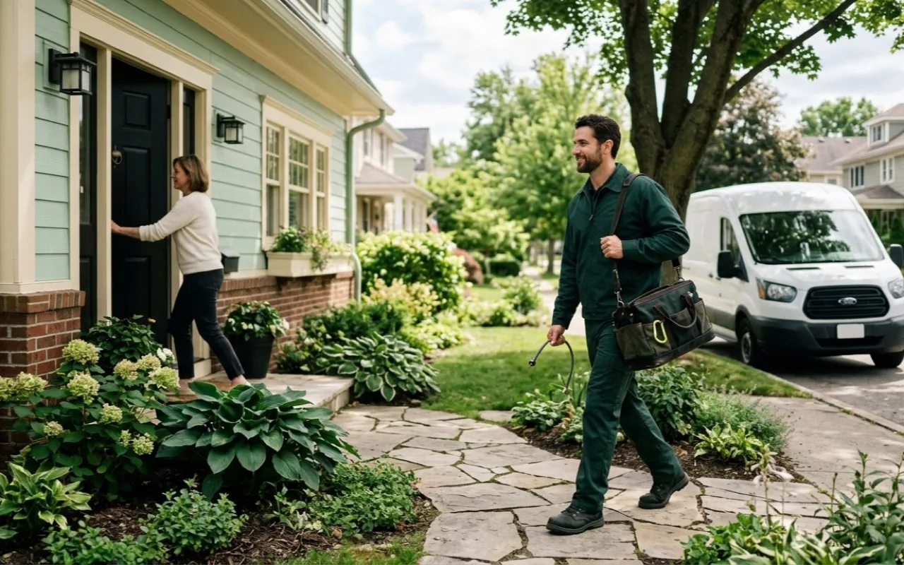 A plumber walking up to a house with a tool bag, van parked behind
