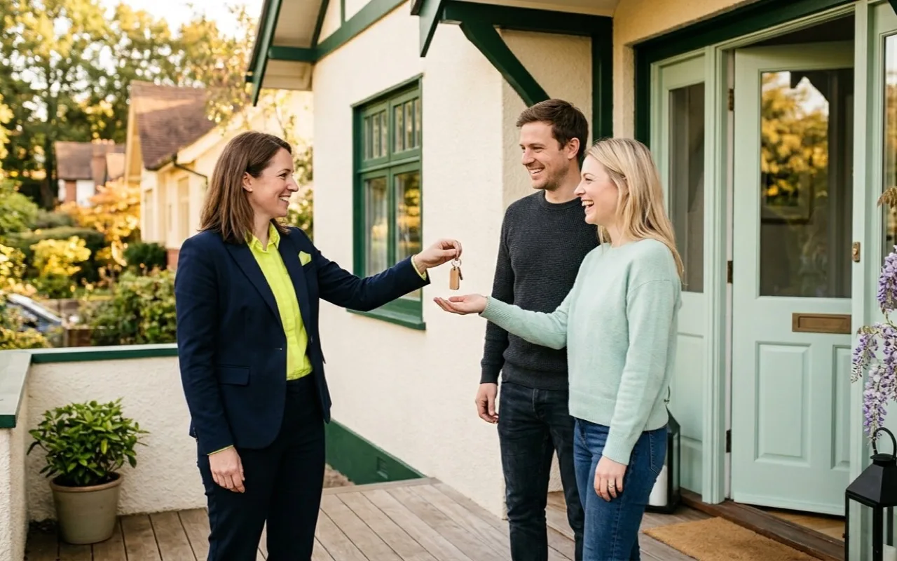 An estate agent handing house keys to a couple on a porch